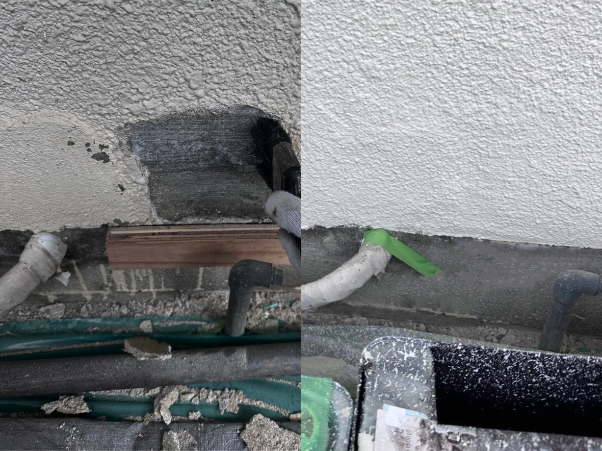 外壁の左官補修のビフォーアフター。塗装をする前にしっかり補修をすることが長持ちの秘訣になります。一途では、まるで外壁の穴や凹みがなかったのような綺麗な蘇りにこだわっています。